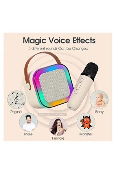 Generic Mini Portable Bluetooth Karaoke Machine with 2 Wireless Microphones and LED Lights (Beige)