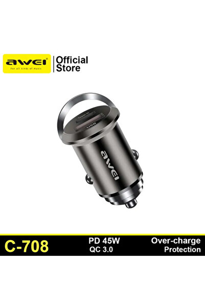 AWEI C-708 PD 45W Mini Car Charger Type-C USB QC 3.0 Fast Charge