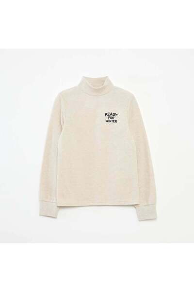 KİABİ Plain Cotton Embroidered Turtleneck Top BEIGE