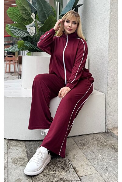 Butik Nilyam Women's Plus Size Double Piped Detail Stretch Fabric Cardigan Tracksuit Set 25080