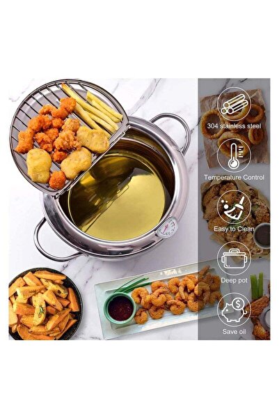 Generic Japanese Style Tempura Fryer Pot - 304 Stainless Steel, Temperature Control & Lid, 9.4 Diameter