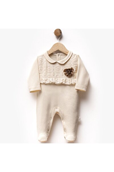 bebegen Baby Girl Ecru Brown Rose Embroidered Lace Booties Romper