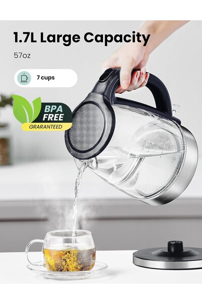 Generic 1.7L Electric Glass Kettle 1500W Cordless with Blue LED, Auto Shut-off & Boil-dry Protection