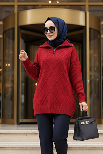 N.S NEVA STYLE Red Hijab Knitwear Sweater Tunic with Baklava Detail 83961K