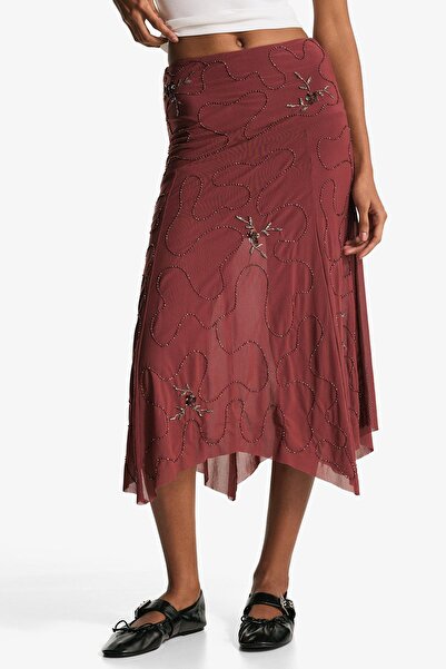Bershka Asymmetric shimmery embroidered midi skirt
