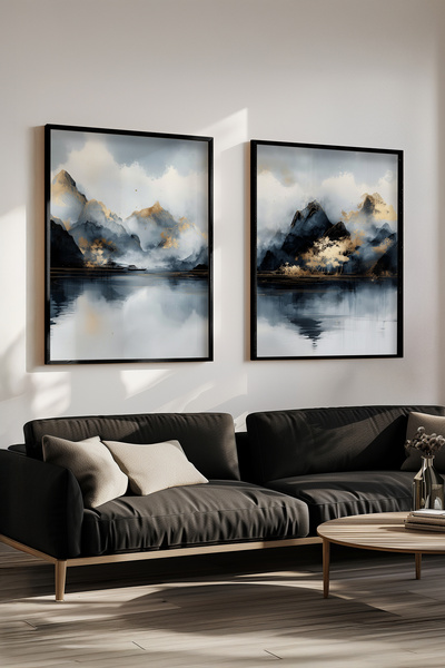 STARYUNA Set of 2 Paintings with Watercolor Effect Mountain Landscape Black Wooden Frame Yuna444