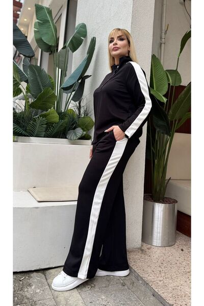 Butik Nilyam Women's Plus Size Turn-Down Collar Side Stripe Modal Fabric Flexible Soft Textured Bottom - Top Set 25092