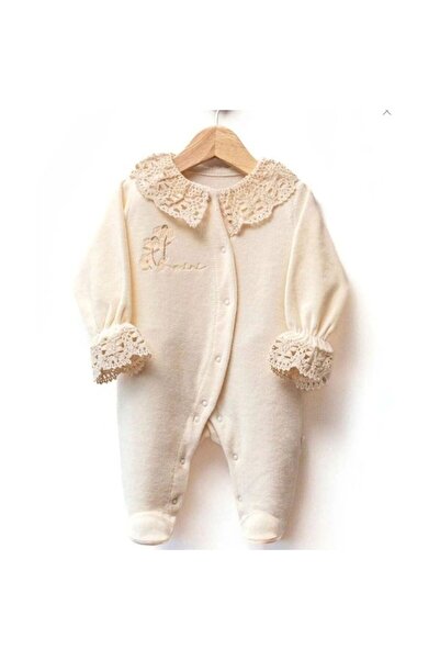 bebegen Kız Bebek Bej Dantelli Yakalı Kadife Çıtçıtlı Tulum