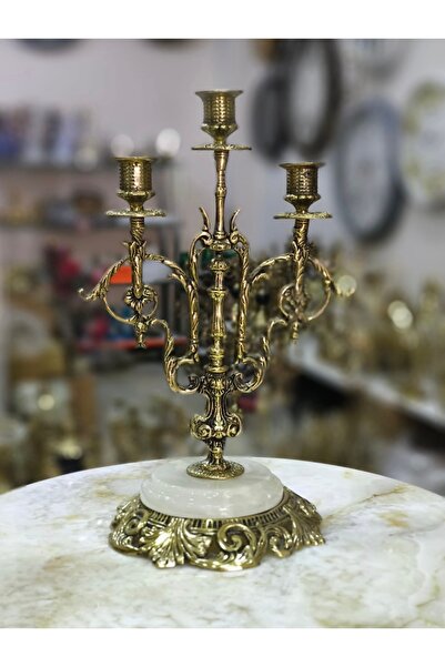 Handmade ESTERHOMEDECOR Mermer kaideli 3 kollu pirinç şamdan