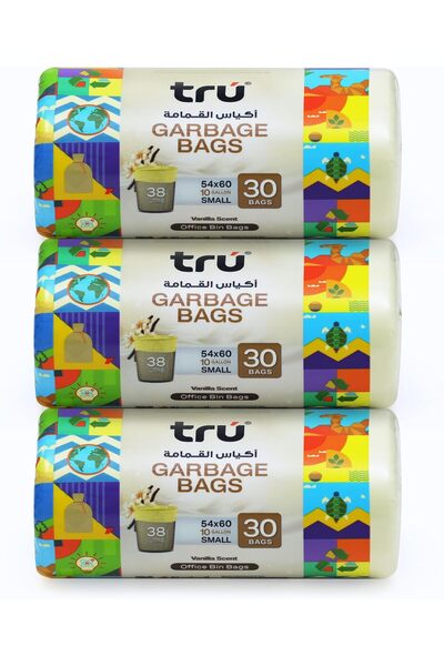 Tru ® أكياس قمامة برائحة الفانيليا، لفة مضغوطة، 54 × 60 سم، 10 جالون (30 قطعة...