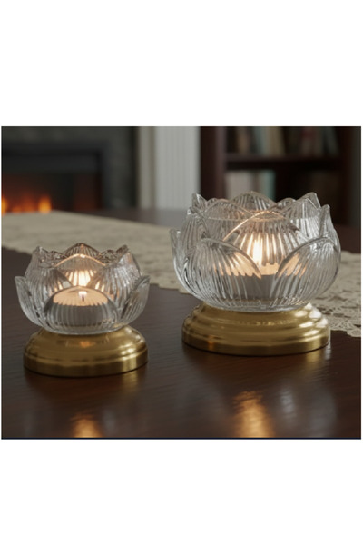 Flower Toys Nilüfer Detaylı Cam Mumluk 2 li Dekoratif Mumluk