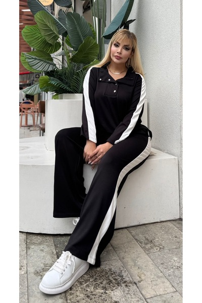 Butik Nilyam Women's Plus Size Turn-Down Collar Side Stripe Modal Fabric Flexible Soft Textured Bottom - Top Set 25092