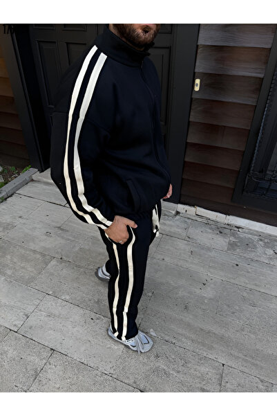Butik Men's Double Stripe Tracksuit Set Mock Neck Zippered Sweatshirt
