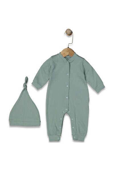 bebegen Unisex Water Green Corded Fabric Knotted Beret Jumpsuit with Snap Fasteners