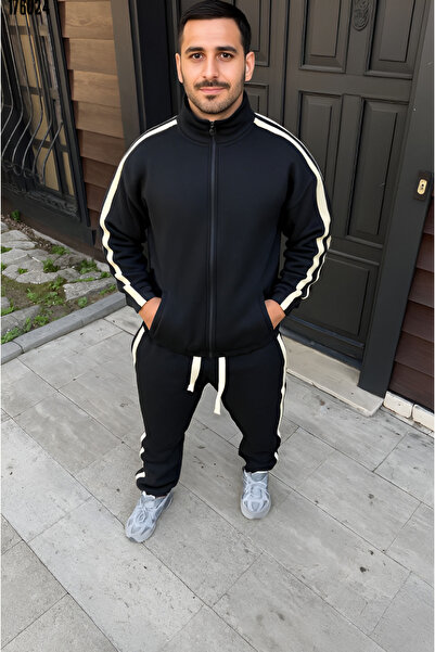 Butik Men's Double Stripe Tracksuit Set Mock Neck Zippered Sweatshirt