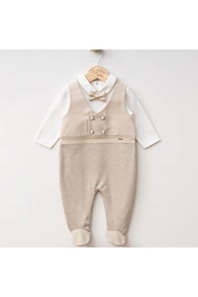 bebegen Erkek Bebek Ekru Kahve Papyonlu Kendinden Yelekli Patikli Tulum