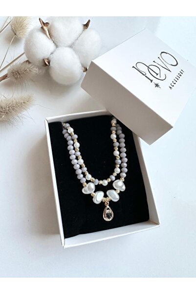 NevoAccessory Women's Pearl Detailed 2-Piece Bead Necklace Set - Gold Detailed