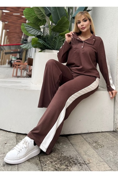 Butik Nilyam Γυναικείο σετ μεγάλου μεγέθους με γυριστό γιακά με ρίγες στο πλάι από ύφασμα Modal ελαστικό μαλακό με υφή - Σετ επάνω μέρος 25092