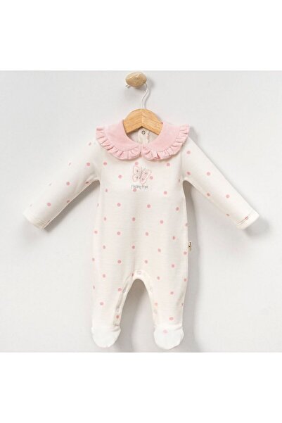 bebegen Kız Bebek Ekru Pembe Puanlı Kelebekli Patikli Kadife Tulum