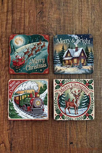 Begoloni Stone Decor Natural Stone Coasters - Vintage Christmast Printed 10X10Cm New Year Stone Coasters 515