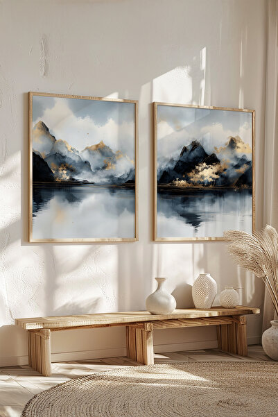 STARYUNA Set of 2 Landscape Paintings with Wooden Frame and Watercolor Effect Mountain Scenery Yuna444