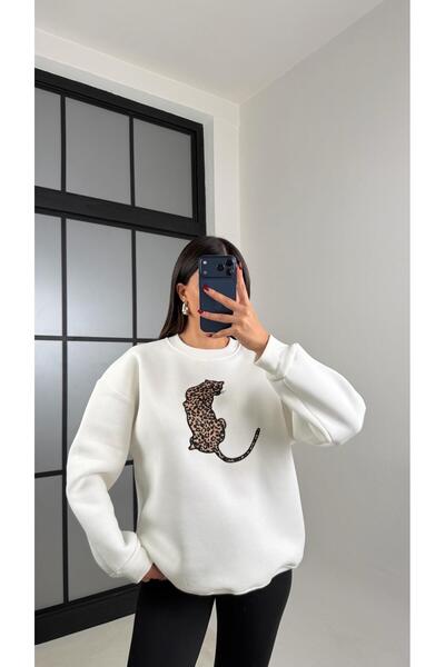 Gaus White Leopard Embroidered Fleece-Lined Sweatshirt Gaus-00796