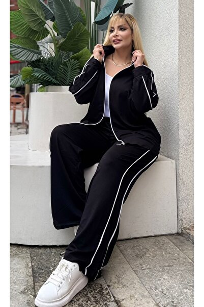 Butik Nilyam Women's Plus Size Double White Piped Detail Stretch Fabric Two Thread Cardigan Bottom - Top Set 25090