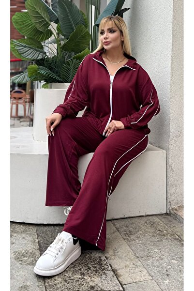 Butik Nilyam Women's Plus Size Double White Piped Detail Stretch Fabric Two Thread Cardigan Bottom - Top Set 25090