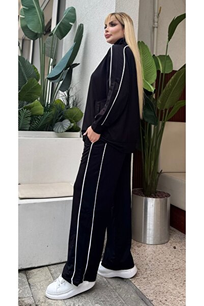 Butik Nilyam Women's Plus Size Double White Piped Detail Stretch Fabric Two Thread Cardigan Bottom - Top Set 25090