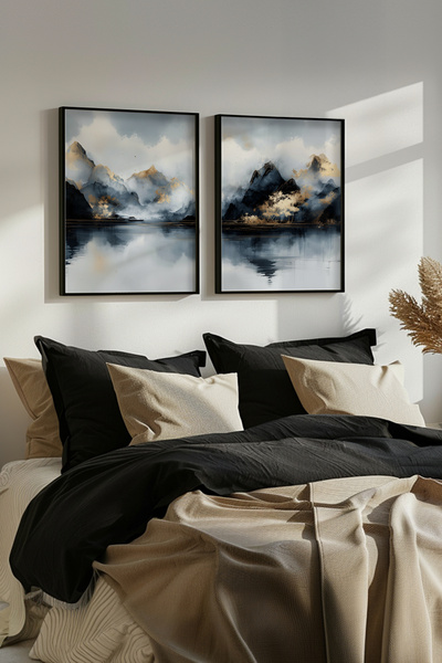 STARYUNA Set of 2 Paintings with Watercolor Effect Mountain Landscape Black Wooden Frame Yuna444