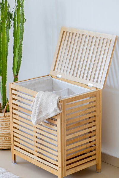 welcomein Bambu Kapaklı 105 Lt Çamaşır Sepeti Çok Amaçlı Depolama Dolabı Hava...