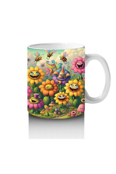 Wisdom Rain Mug with Smiling Flowers and Flying Bees Pattern That Makes Children Love Milk