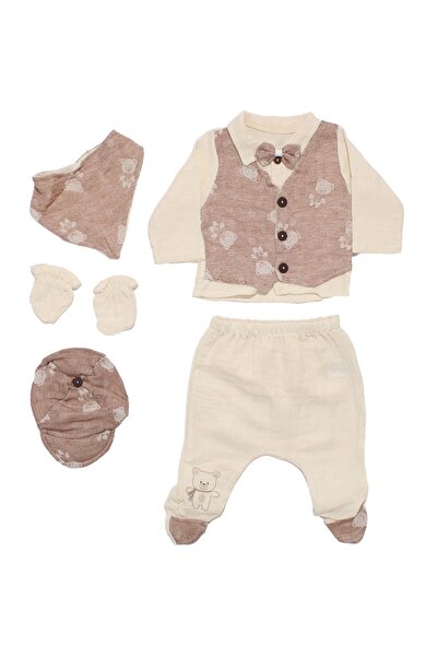 bebegen Baby Boy Beige Brown Muslin Teddy Bear Patterned 5 Piece Hospital Dis...