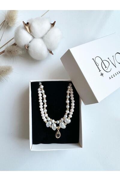 NevoAccessory Women's Pearl Detailed 2-Piece Bead Necklace Set - Gold Detailed