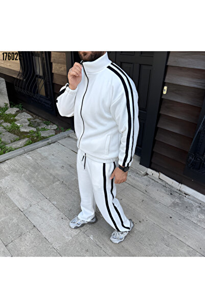Butik Men's Double Stripe Tracksuit Set Mock Neck Zippered Sweatshirt