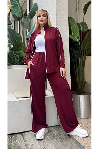 Butik Nilyam Women's Plus Size Double White Piped Detail Stretch Fabric Two Thread Cardigan Bottom - Top Set 25090