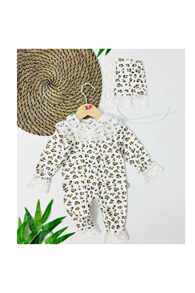 bebegen Baby Girl White Coffee Leopard Patterned Beret Jumpsuit