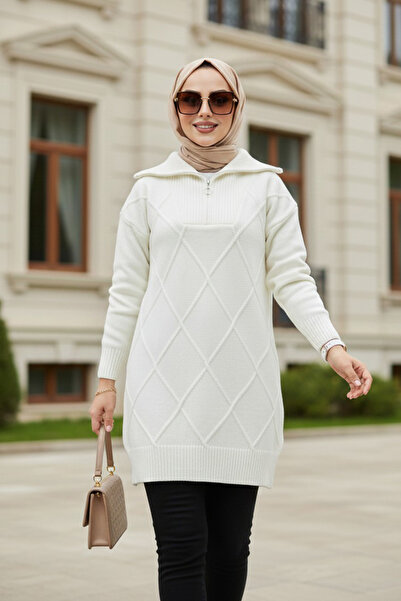 N.S NEVA STYLE Baklava Detailed Ecru Hijab Knitwear Sweater Tunic 83961E