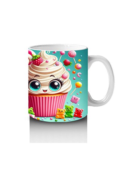 Wisdom Rain Colorful Cupcake and Candy Patterned Mug with Smiling Eyes That Makes Children Love Milk