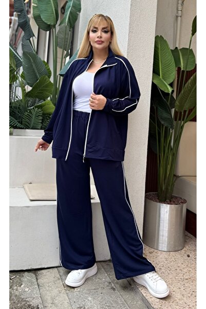 Butik Nilyam Women's Plus Size Double White Piped Detail Stretch Fabric Two Thread Cardigan Bottom - Top Set 25090