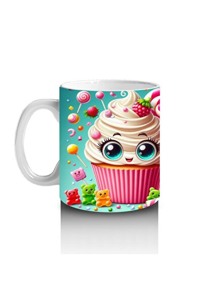 Wisdom Rain Colorful Cupcake and Candy Patterned Mug with Smiling Eyes That Makes Children Love Milk