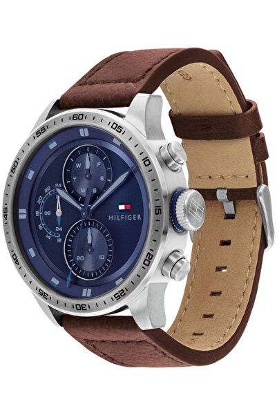 Tommy Hilfiger Ανδρικό Ρολόι Trent με Μπλε Καντράν και Καφέ Δέρμα 46mm