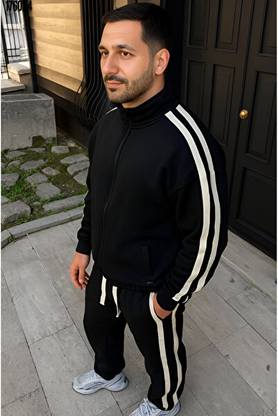 Butik Men's Double Stripe Tracksuit Set Mock Neck Zippered Sweatshirt