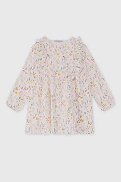 Panço Kız Bebek Desenli Ekru Elbise