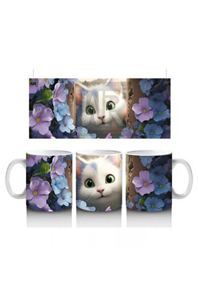 Wisdom Rain White Cat with Green Eyes Shining among Purple Flowers Mug