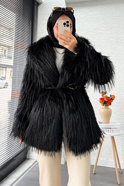 MELEK ARAZ Premium Kadın Kürk Kaban – Siyah