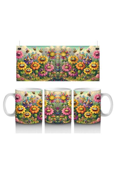 Wisdom Rain Mug with Smiling Flowers and Flying Bees Pattern That Makes Children Love Milk
