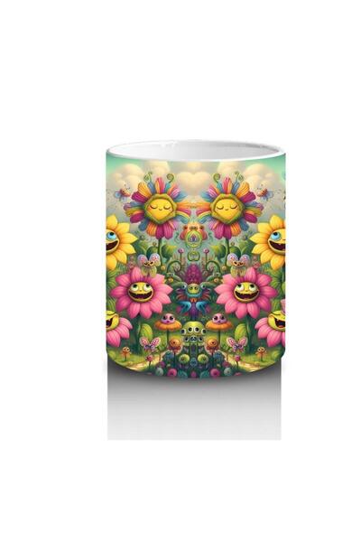 Wisdom Rain Mug with Smiling Flowers and Flying Bees Pattern That Makes Children Love Milk
