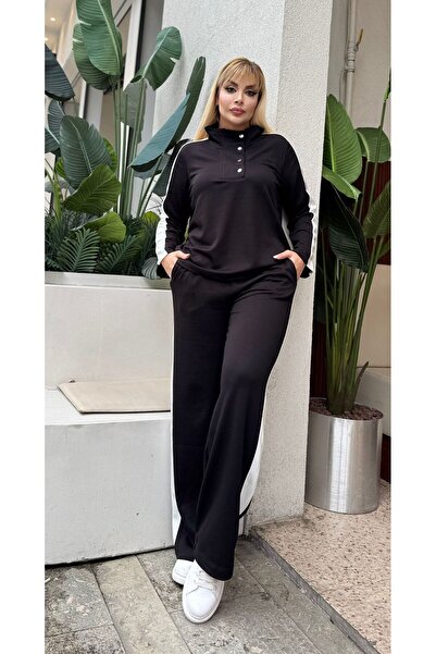 Butik Nilyam Women's Plus Size Turn-Down Collar Side Stripe Modal Fabric Flexible Soft Textured Bottom - Top Set 25092