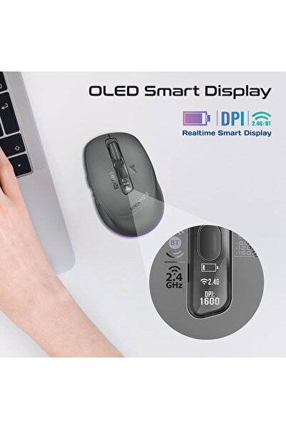 Promate Blix-3M Triple-Mode Wireless Mouse - OLED, RGB, Silent 7D, 1600DPI